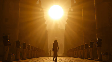 Silhouette of a woman standing in front of the egyptian templeの写真素材