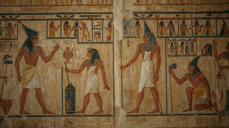 Egyptian hieroglyphs on the wall of the temple.の写真素材