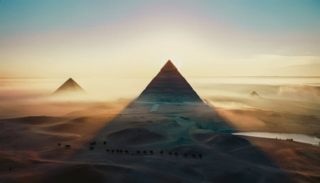 Egyptian pyramids in Giza at sunrise, Cairo, Egyptの写真素材