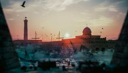 Aerial view of the old city at sunset. Toned.の写真素材