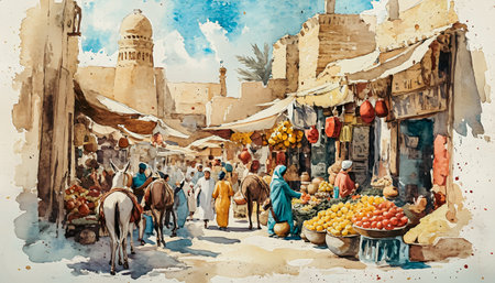 Digital watercolor painting of a street market in Essaouira, Moroccoの写真素材