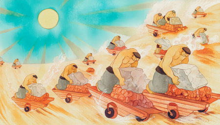 Workers are working on the sand dunes. Watercolor illustration.の写真素材