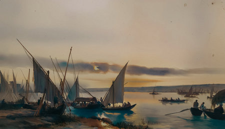 Sailing boats in the sea at sunset. Vintage painting on canvas.の写真素材