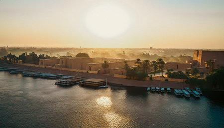 Aerial view of Nile river at sunset, Luxor, Egyptの写真素材
