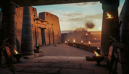 Ancient ruins of Karnak temple at sunset, Luxor, Egyptの写真素材