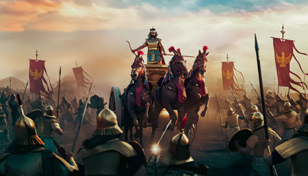 Medieval battle scene with cavalry and infantry.の写真素材