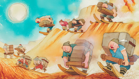Children's illustration of children playing with sleds on a sandy slope.の写真素材