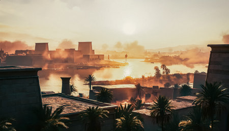 Sunset in Cairo, Egypt. Panoramic view of Nile river.の写真素材