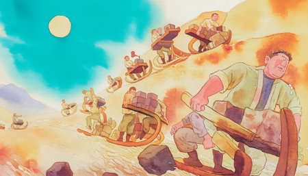 Illustration of a man riding a wooden sledge with his friendsの写真素材