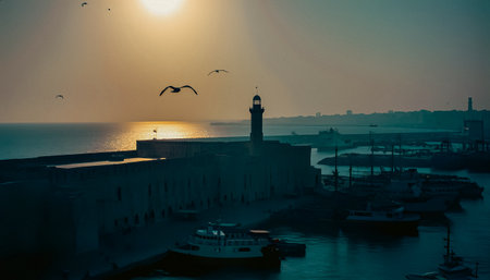 Aerial view of Essaouira harbor at sunset, Moroccoの写真素材