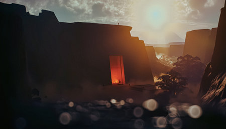 Red door in the mountains at sunset. 3d render illustration.の写真素材