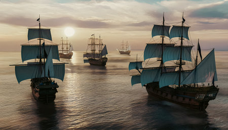 Sailing ships in the sea at sunset. 3D render.の写真素材