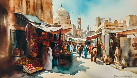 Famous Chefchaouen street in Morocco, Africa. Watercolor paintingの写真素材
