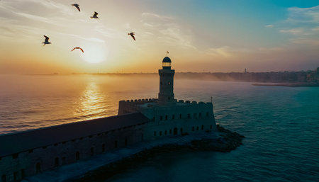 Aerial view of the Maiden's Tower at sunset, Istanbul, Turkeyの写真素材