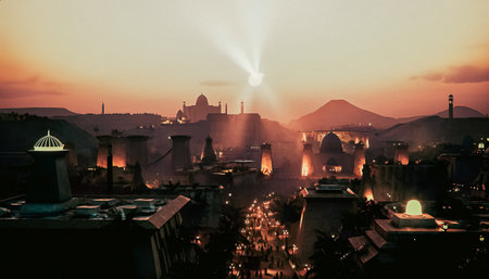 Panoramic view of an ancient city at sunsetの写真素材