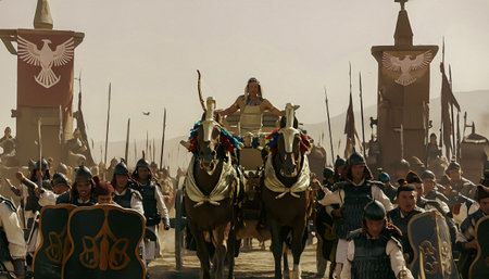 Medieval battle scene with cavalry and infantry during the historical reenactmentの写真素材