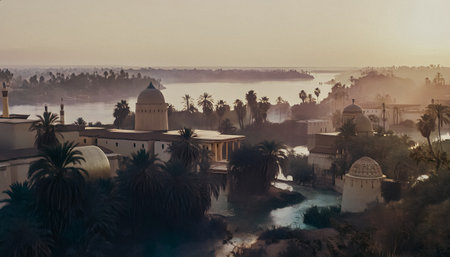 Aerial view of a mosque by the river at sunriseの写真素材