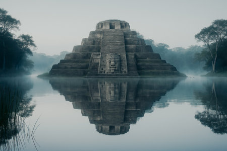 The Temple of Kukulkan in the morning mist at Chichen Itza, Yucatan, Mexicoの写真素材