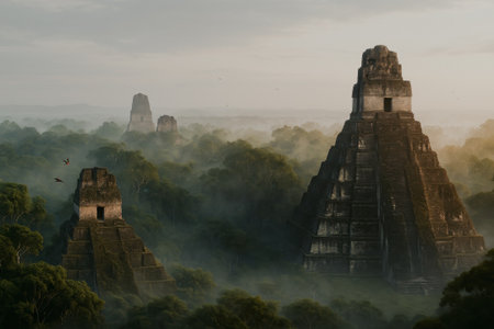 Temple in the mist at sunrise, Yogyakarta, Java, Indonesiaの写真素材