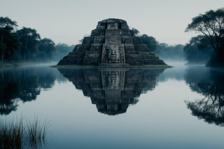 Ancient Mayan temple on the lake with fog in the morning.の写真素材