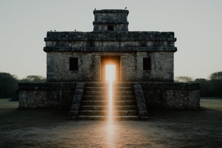Sunset at Chichen Itza, Yucatan, Mexicoの写真素材