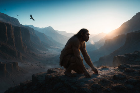 3D illustration of a caveman sitting on a rock in the mountainsの写真素材