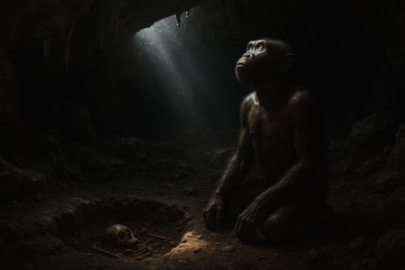 Monkey sitting in a cave and looking at the light coming from behindの写真素材