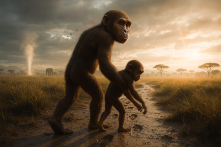 Chimpanzee family in the savannah of Serengeti National Park, Tanzaniaの写真素材