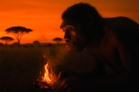 A young man is sitting by a bonfire in the savannah at sunset