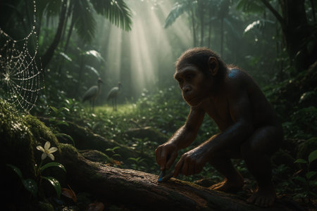 Chimpanzee monkey sitting on a log in the jungle.の写真素材