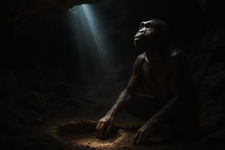 Primate sitting in a cave and looking at the lightの写真素材