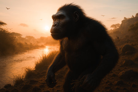 Chimpanzee on the bank of a river at sunset.の写真素材