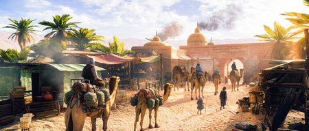 Camels in the desert of Morocco, Africa. Panoramic view
