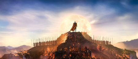 3D illustration of a figure standing on the top of a mountainの写真素材