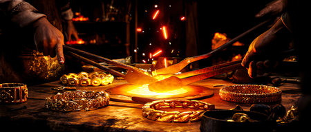 Close-up of a blacksmith working in his workshop, making handmade jewelry
