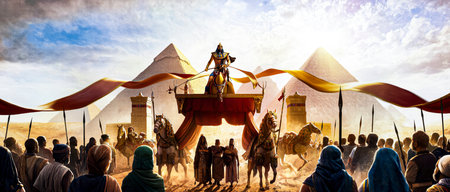 Egyptian god of the great pyramids and people in a crowd