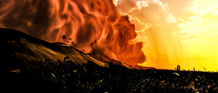 Volcanic eruption at sunset. 3D illustration. 3D rendering