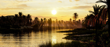 Sunset over Nile river in Luxor, Egypt. Panoramaの写真素材