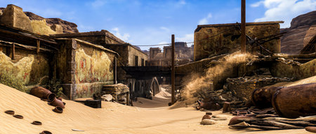 Panoramic view of an abandoned town in a desert landscape