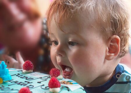 young boy on his first birthdayの写真素材