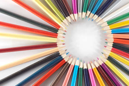 lots of colorful crayons on a white backgroundの写真素材