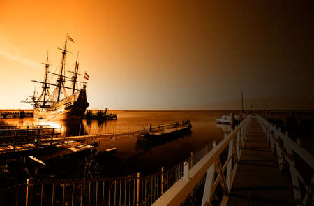 an old ship early in the morningの写真素材