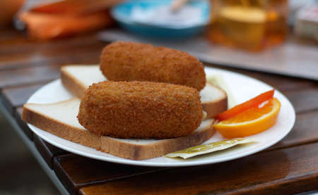 croquet on a sandwich (dutch food)の写真素材