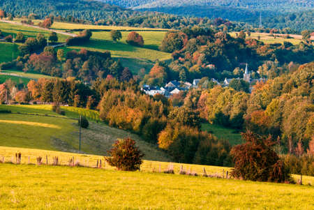 beautiful autumn landscape with little village surrounded by treesの写真素材