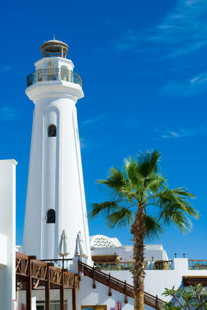lighthouse and palmtree with a beautiful blue skyの写真素材