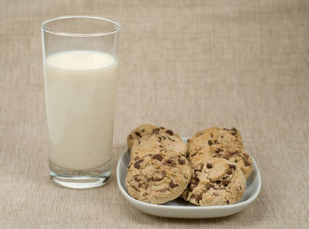 delicious chocolate chip cookies and a glass of milkの写真素材
