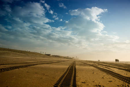 big tire tracks on the beachの写真素材