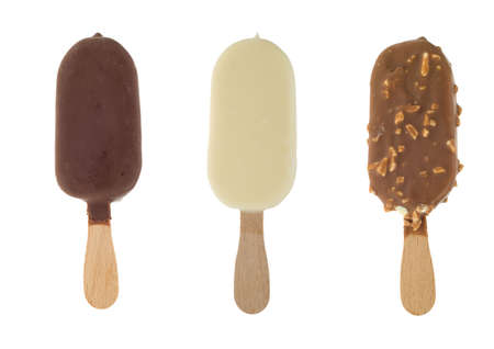 three different chocolate ice lollies isolated on a white backgroundの写真素材