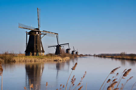 beautiful windmill landscape at kinderdijk in the netherlands near Rotterdamの写真素材