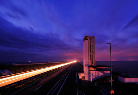Afsluitdijk at night IJsselmeer, The Netherlands, Europeの写真素材